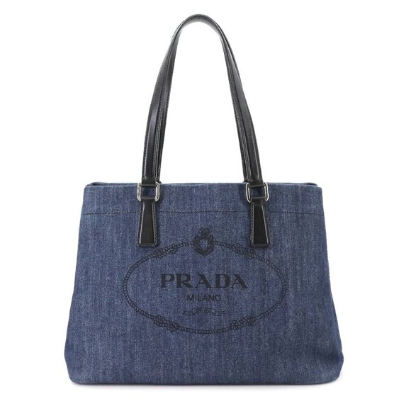 PRADA Tote Bag Denim Leather Navy Black 1BG356 Purse Logos 90287638 - Picture 1 of 10